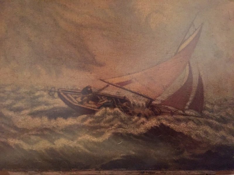 painting by Frederick William Hurst of a boat in a storm