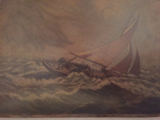 painting by Frederick William Hurst of a boat in a storm
