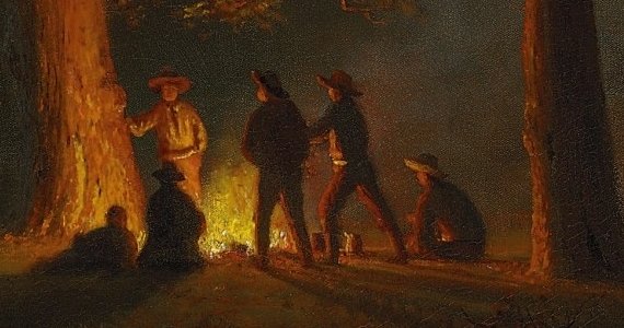 Hunker down for tales around the campfire -- a painting by Albert Bierstadt